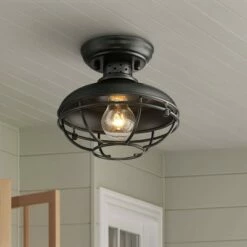 Franklin Iron Works Farmhouse Vintage Outdoor Ceiling Light Fixture Black 8 1/2" Open Metal Cage for Exterior House Porch Patio