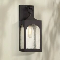 Possini Euro Design Modern Outdoor Wall Light Fixture Bronze Lantern 16 1/2" Seedy Glass for Exterior House Porch Patio Deck