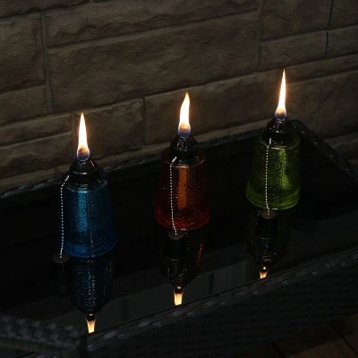 Sunnydaze Decor Sunnydaze Outdoor Refillable Glass Tabletop Torches with Long-Lasting Fiberglass Wicks - Blue, Orange, and Green - 3pc 1 Sunnydaze Decor Sunnydaze Outdoor Refillable Glass Tabletop Torches with Long-Lasting Fiberglass Wicks - Blue, Orange, and Green - 3pc