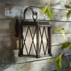 Possini Euro Design Rustic Outdoor Wall Light Fixture Bronze Wood Finish 13 1/2" Clear Seedy Glass Lantern for Exterior House Porch Patio