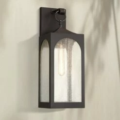 Possini Euro Design Modern Outdoor Wall Light Fixture Bronze Lantern 20 1/2" Seedy Glass for Exterior House Porch Patio Deck