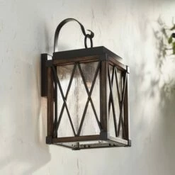 Possini Euro Design Rustic Outdoor Wall Light Fixture Bronze Wood Finish 16 1/2" Clear Seedy Glass Lantern for Exterior House Porch Patio