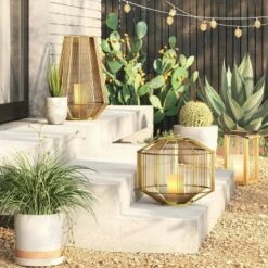 Tumbler Basket Weave Outdoor Lantern with LED Candle Gold - Project 62™