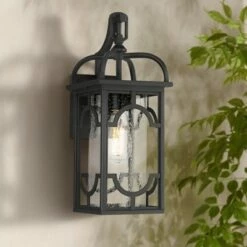 Franklin Iron Works Contemporary Lantern Outdoor Wall Light Fixture Black 17 1/2" Clear Seedy Glass for Exterior House Porch Patio