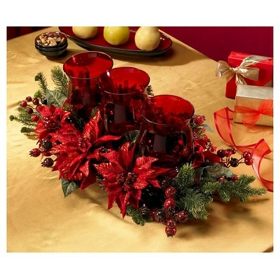 Poinsettia & Berry Triple Candelabrum - Nearly Natural 3 Poinsettia & Berry Triple Candelabrum - Nearly Natural - Image 2