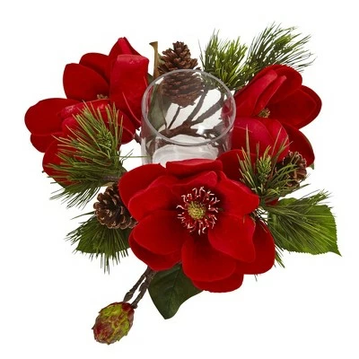 Nearly Natural Red Magnolia and Pine Candelabrum - Red 2 Nearly Natural Red Magnolia and Pine Candelabrum - Red