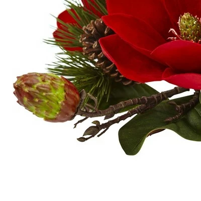 Nearly Natural Red Magnolia and Pine Candelabrum - Red 3 Nearly Natural Red Magnolia and Pine Candelabrum - Red - Image 2