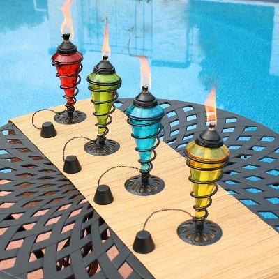Sunnydaze Decor Sunnydaze Outdoor Tabletop Glass and Metal Swirl Patio Table and Lawn Citronella Torch Set - Blue, Red, Green, and Yellow - 8pc 3 Sunnydaze Decor Sunnydaze Outdoor Tabletop Glass and Metal Swirl Patio Table and Lawn Citronella Torch Set - Blue, Red, Green, and Yellow - 8pc