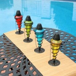 Sunnydaze Decor Sunnydaze Outdoor Tabletop Glass and Metal Swirl Patio Table and Lawn Citronella Torch Set - Blue, Red, Green, and Yellow - 4pc -Outdoor Lighting Sales Shop unnamed file 863