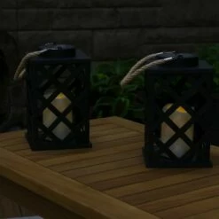 Sunnydaze Decor Sunnydaze Outdoor Modern Crosshatch Hanging Tabletop Solar LED Rustic Farmhouse Decorative Candle Lantern - 9" - Black - 2pk