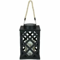 Sunnydaze Decor Sunnydaze Outdoor Modern Crosshatch Hanging Tabletop Solar LED Rustic Farmhouse Decorative Candle Lantern - 9" - Black -Outdoor Lighting Sales Shop unnamed file 943